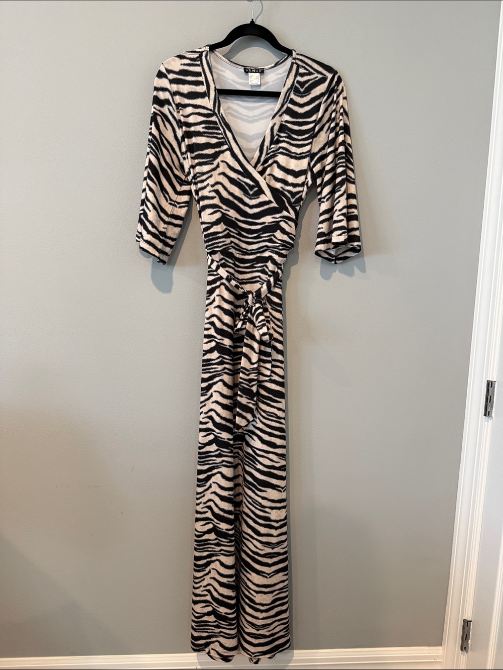 VENUS Zebra-Print Wrap Maxi Dress in Black and Cream